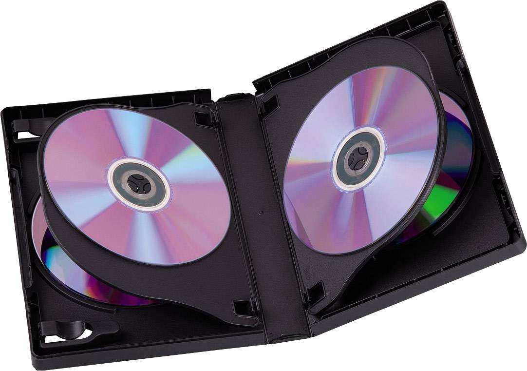 Boîtier de DVD ouvert contenant quatre disques visibles, reposant dans des supports en plastique. Les disques reflètent des lumières colorées.