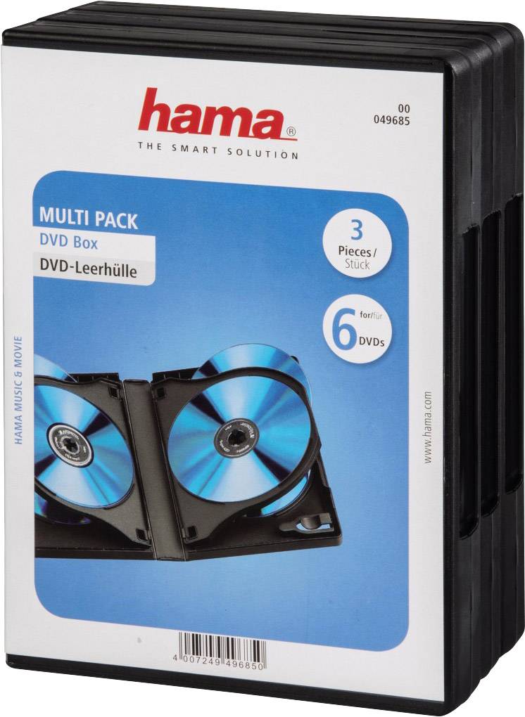 Boîtiers DVD triples de Hama, noirs, pour un total de 6 DVD. L'emballage présente une illustration des produits.