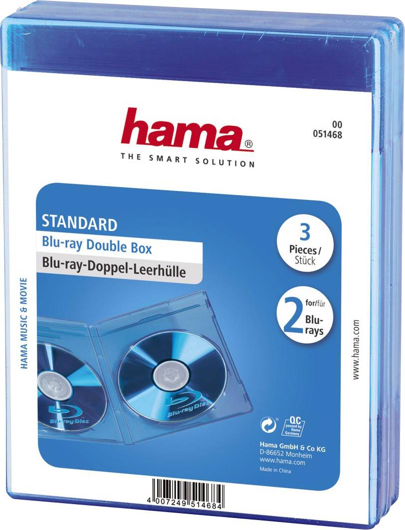 Boîtier double Blu-ray vide de 'Hama' pour deux disques, l'emballage présente deux Blu-rays dans un boîtier en plastique bleu.