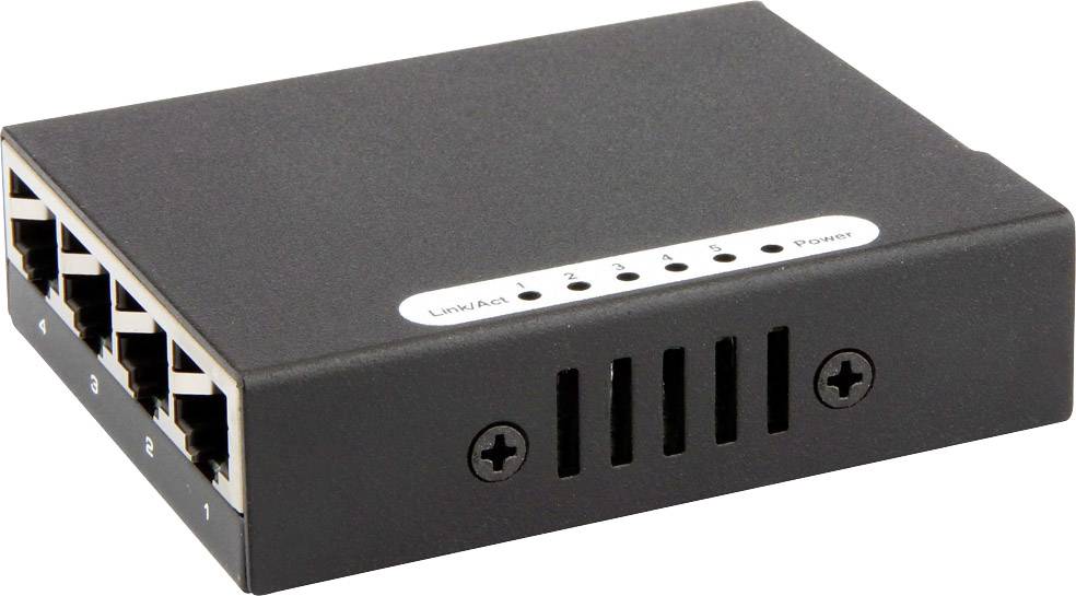 Un commutateur réseau noir avec cinq ports Ethernet et des voyants LED en surface pour indiquer l'état des connexions.