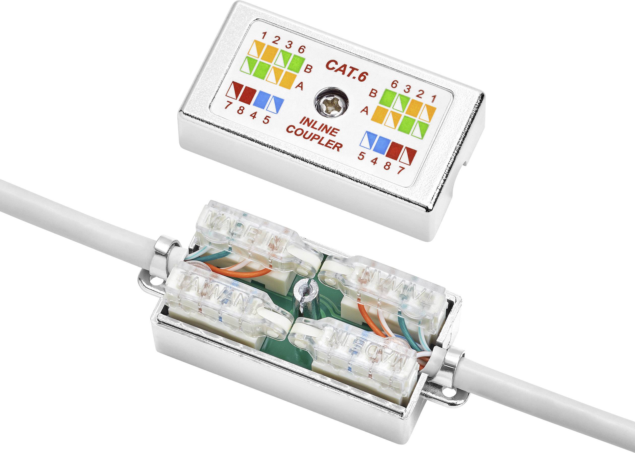 Coupleur Inline CAT.6 pour connexion de câble réseau avec des ports codés par couleur. Couvercle supérieur retiré, révélant la structure interne du câble.