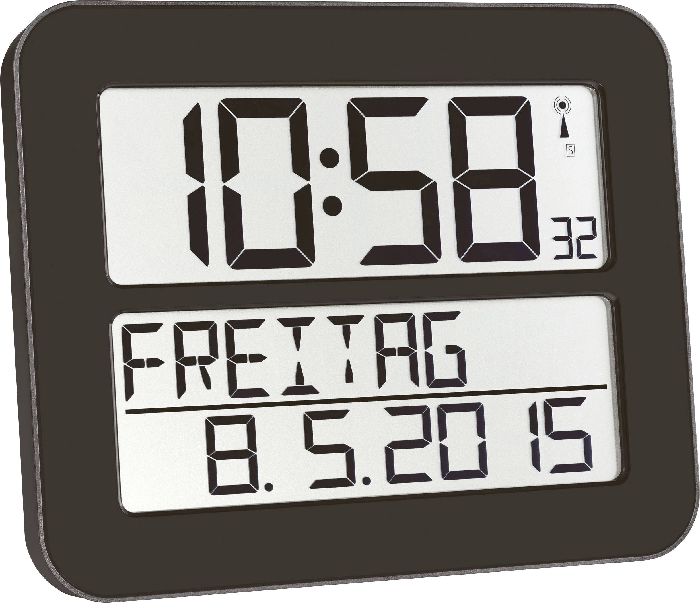 Horloge numérique murale affichant l'heure '10:58', le jour de la semaine 'Vendredi' et la date '8.5.2015'.