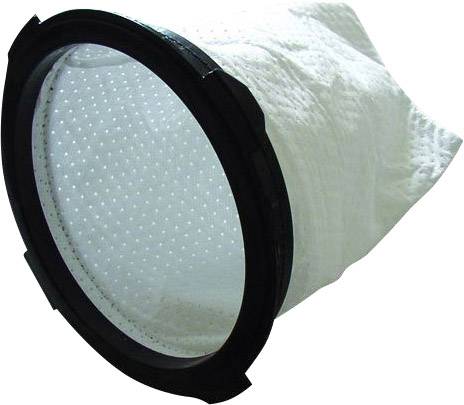 Un cadre noir rond maintient un sachet filtrant blanc perforé. Le filtre convient aux applications industrielles ou domestiques.