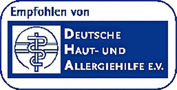 Logo de l'Association allemande d'aide pour la peau et les allergies (Deutsche Haut- und Allergiehilfe e.V.), avec le texte 'Recommandé par Deutsche Haut- und Allergiehilfe e.V.'