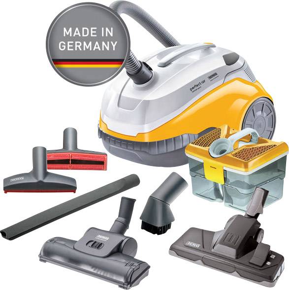 Aspirateur avec accessoires, marqué 'Made in Germany'. Comprend différentes buses et un réservoir d'eau.