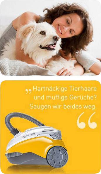 Une femme caresse un chien blanc. En dessous, une image d'un aspirateur jaune avec le texte 'Poils d'animaux tenaces et odeurs de renfermé ? Nous aspirons les deux.'