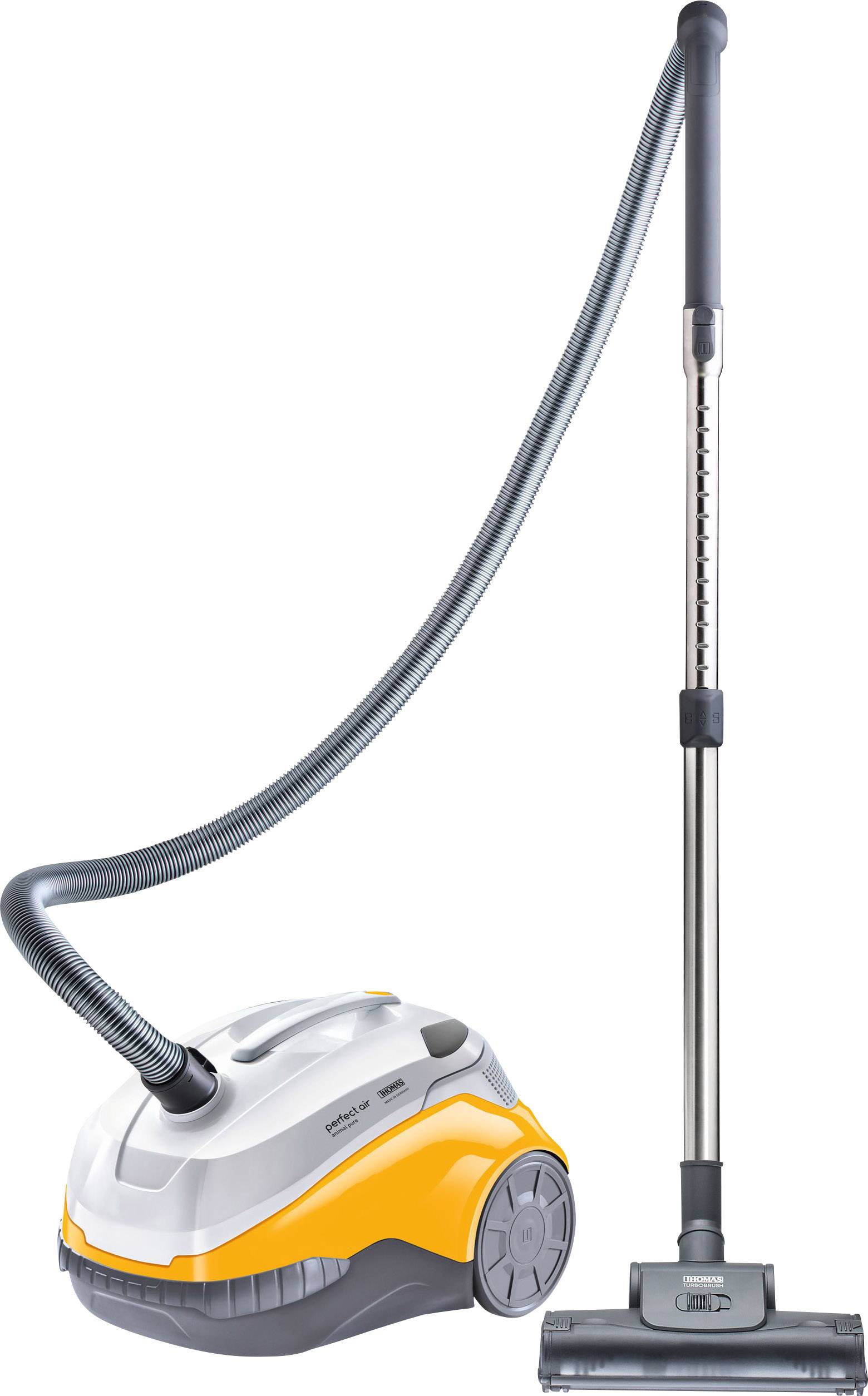 Un aspirateur moderne, bicolore (jaune et blanc) avec un long tuyau et un tube métallique, adapté pour le nettoyage des sols.