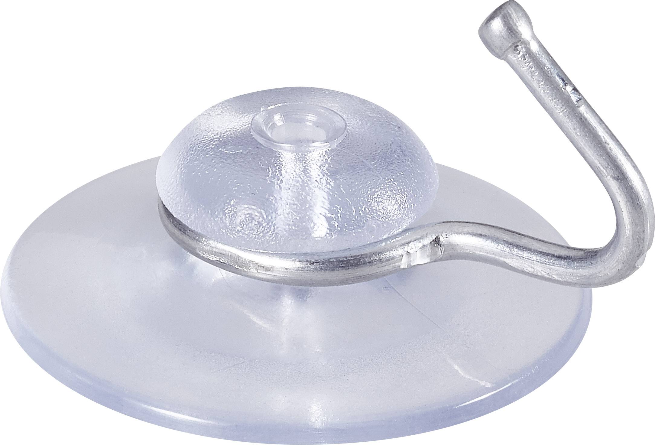 Un ventouse transparent avec un crochet métallique, adapté pour suspendre des objets légers sur des surfaces lisses.