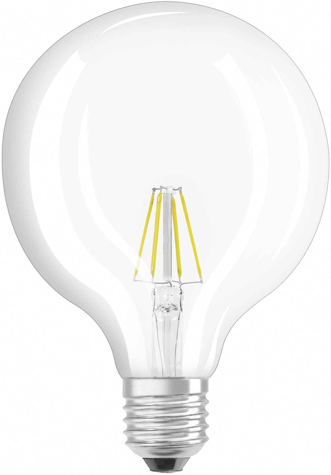 Ampoule à filament visible, éteinte. Verre transparent, culot argenté.