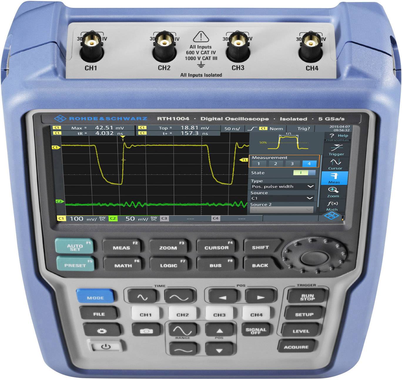 Oscilloscope numérique portable avec affichage graphique. Affiche les mesures de tension et la forme d'onde. Boutons de commande pour différentes fonctions.