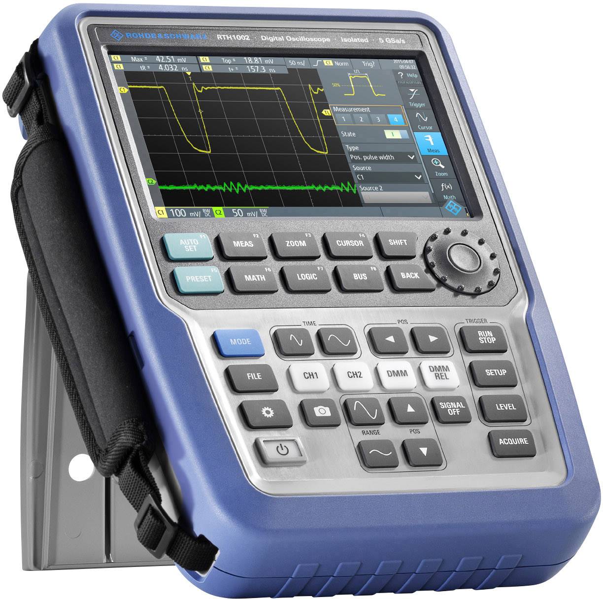 Un oscilloscope numérique portable à boîtier bleu affiche des formes d'ondes sur l'écran. Différentes touches de commande se trouvent en dessous.