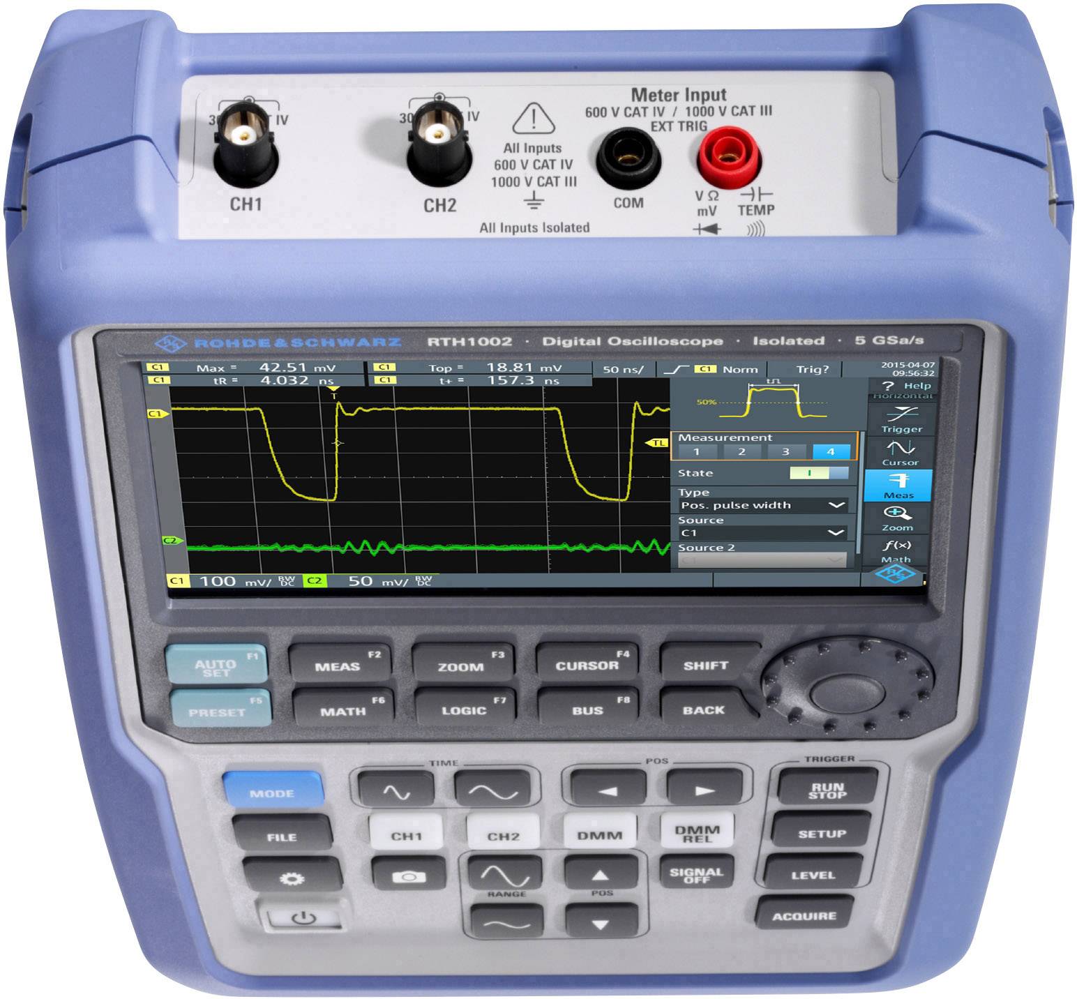 Oscilloscope numérique à deux canaux d'entrée avec affichage d'un signal sinusoïdal sur l'écran, entouré de commandes.