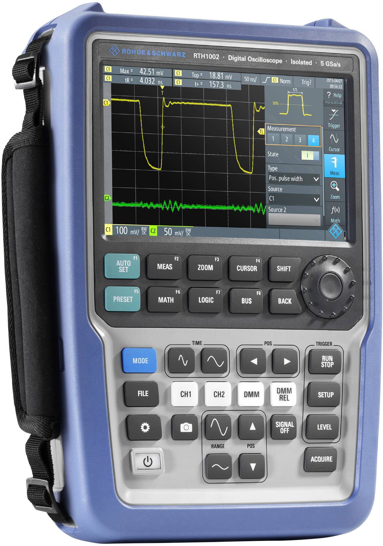 Un oscilloscope numérique avec un écran couleur affichant des courbes de tension. Des boutons de commande sont situés en dessous.