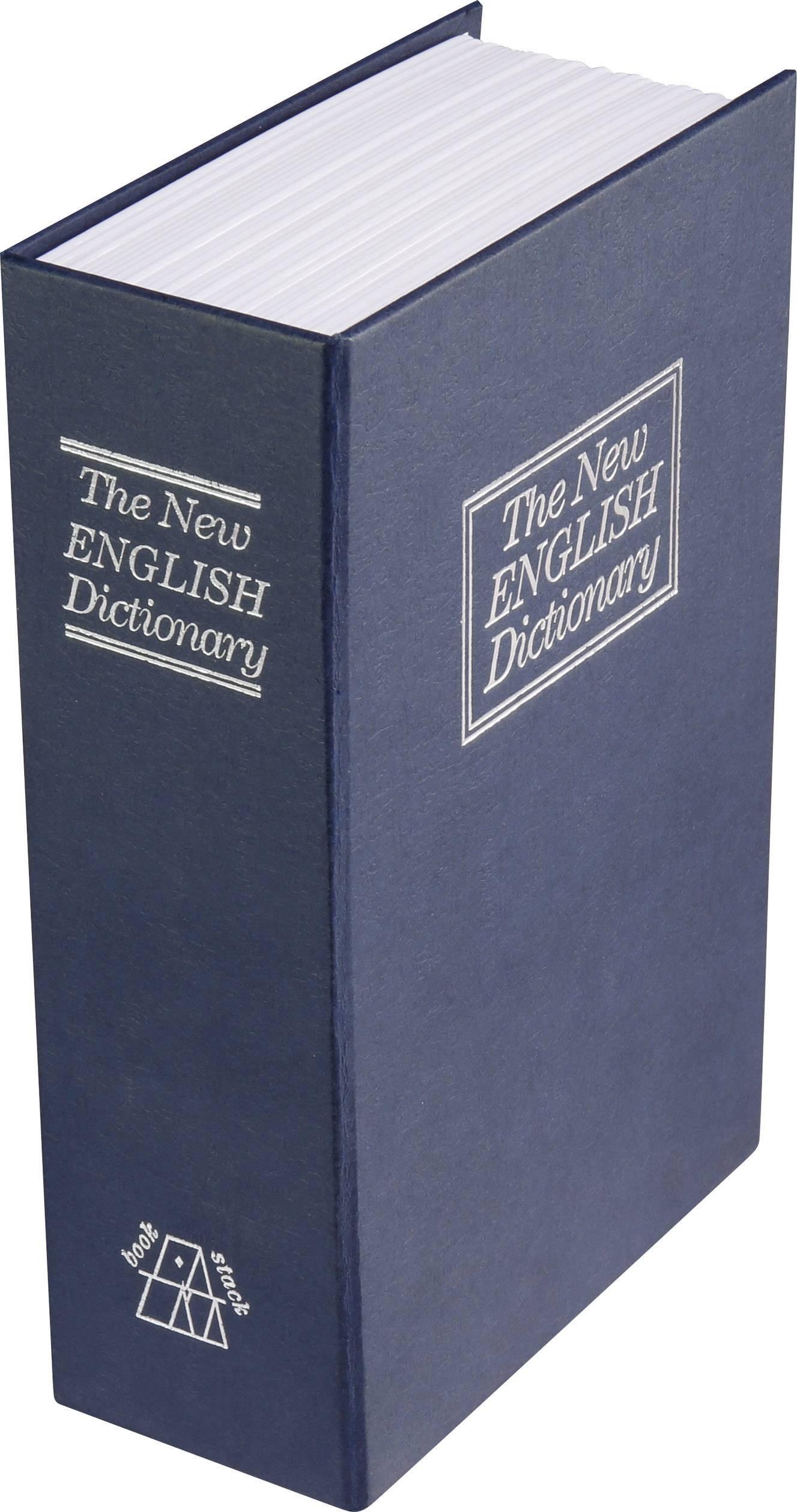 Un coffre-fort bleu, rectangulaire, en forme de livre portant l'inscription « The New ENGLISH Dictionary ».
