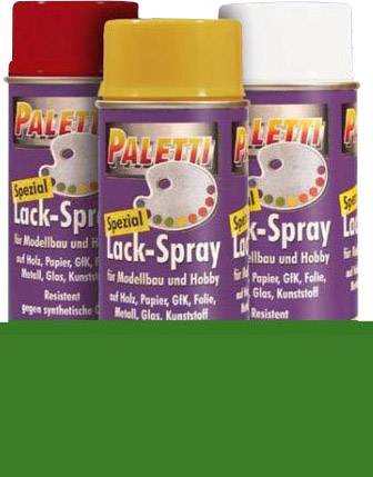 Trois bombes de peinture en spray Paletti Spezial en rouge, jaune et blanc. Adaptées pour la maquette et les loisirs créatifs, convenant aux surfaces telles que le bois et le plastique.