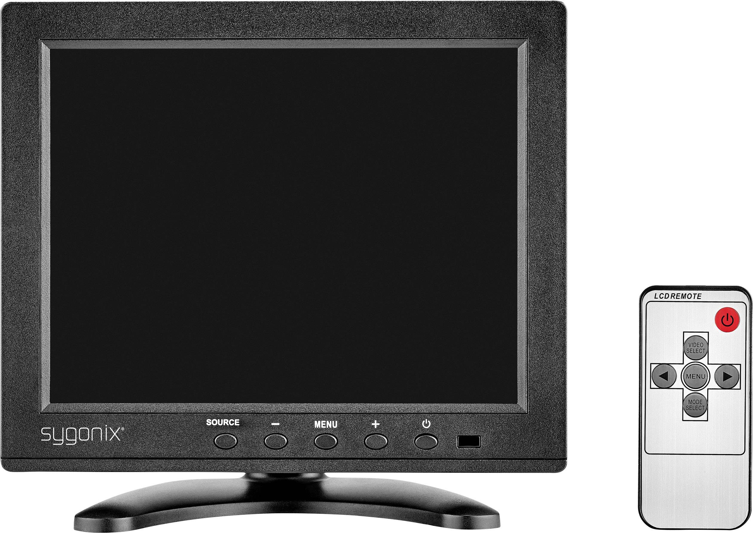 Un moniteur noir avec des touches de commande sur l'avant, à côté d'une télécommande comportant des touches de marche/arrêt, menu, volume et navigation.