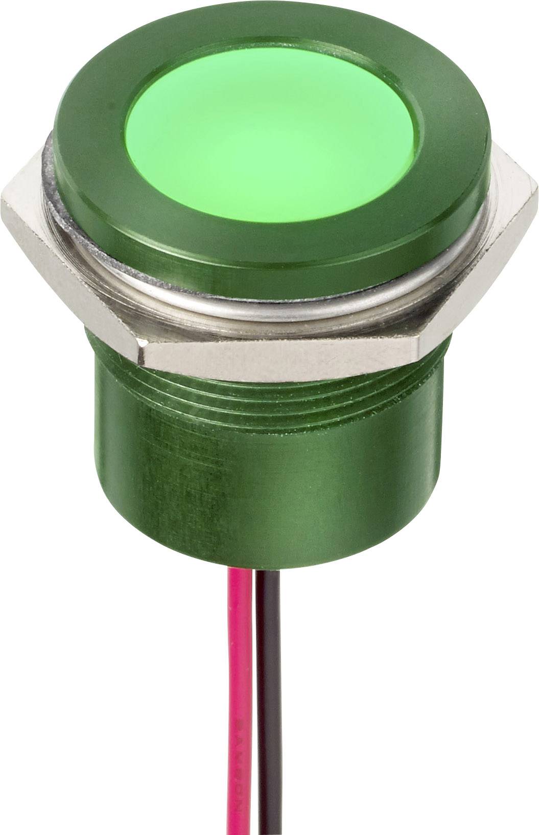 Voyant LED vert dans un boîtier métallique rond, équipé de deux câbles d'alimentation à la base.