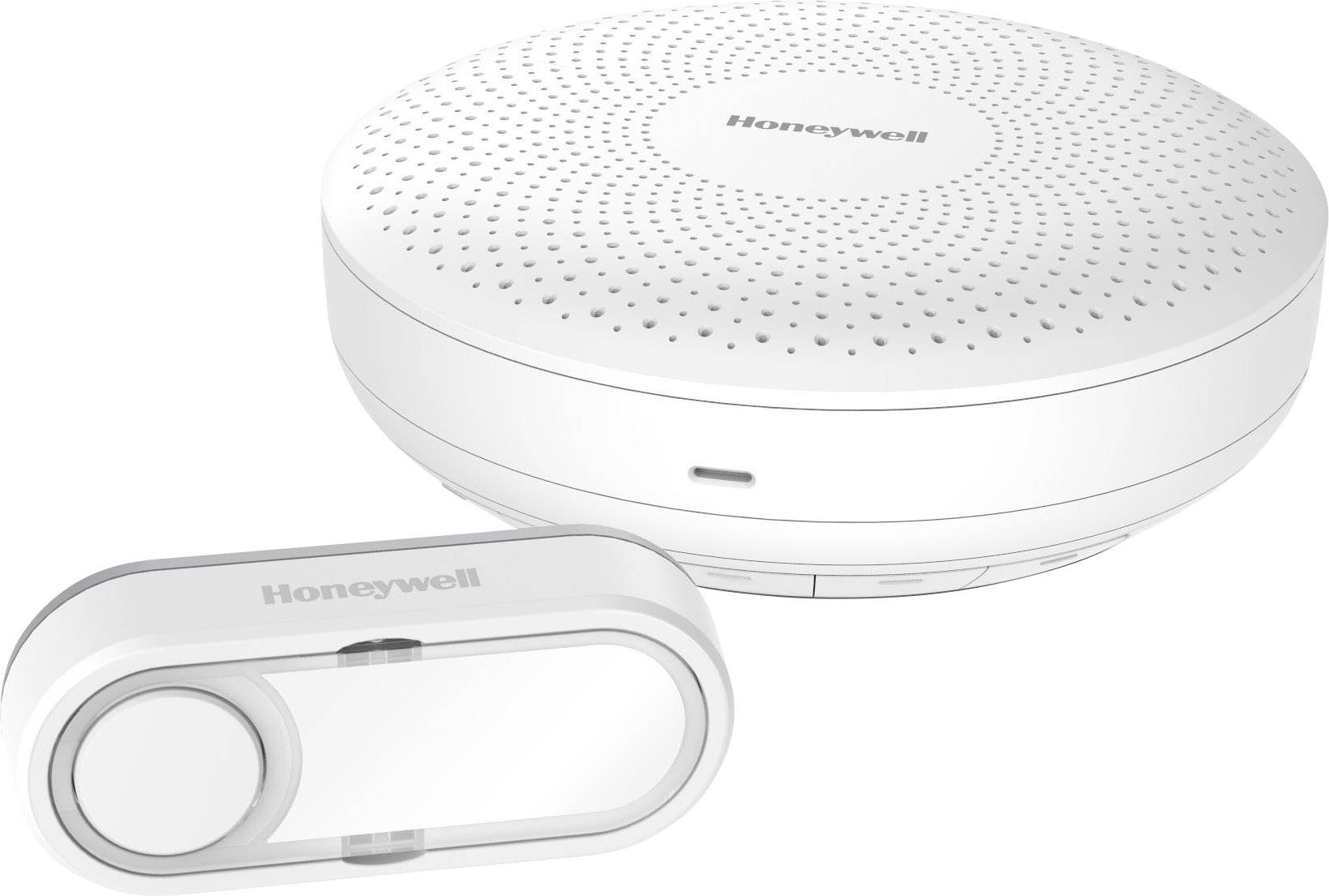 Une sonnette blanche et sans fil de Honeywell avec haut-parleur, surmontée du logo de la marque, et un bouton-poussoir assorti au premier plan.