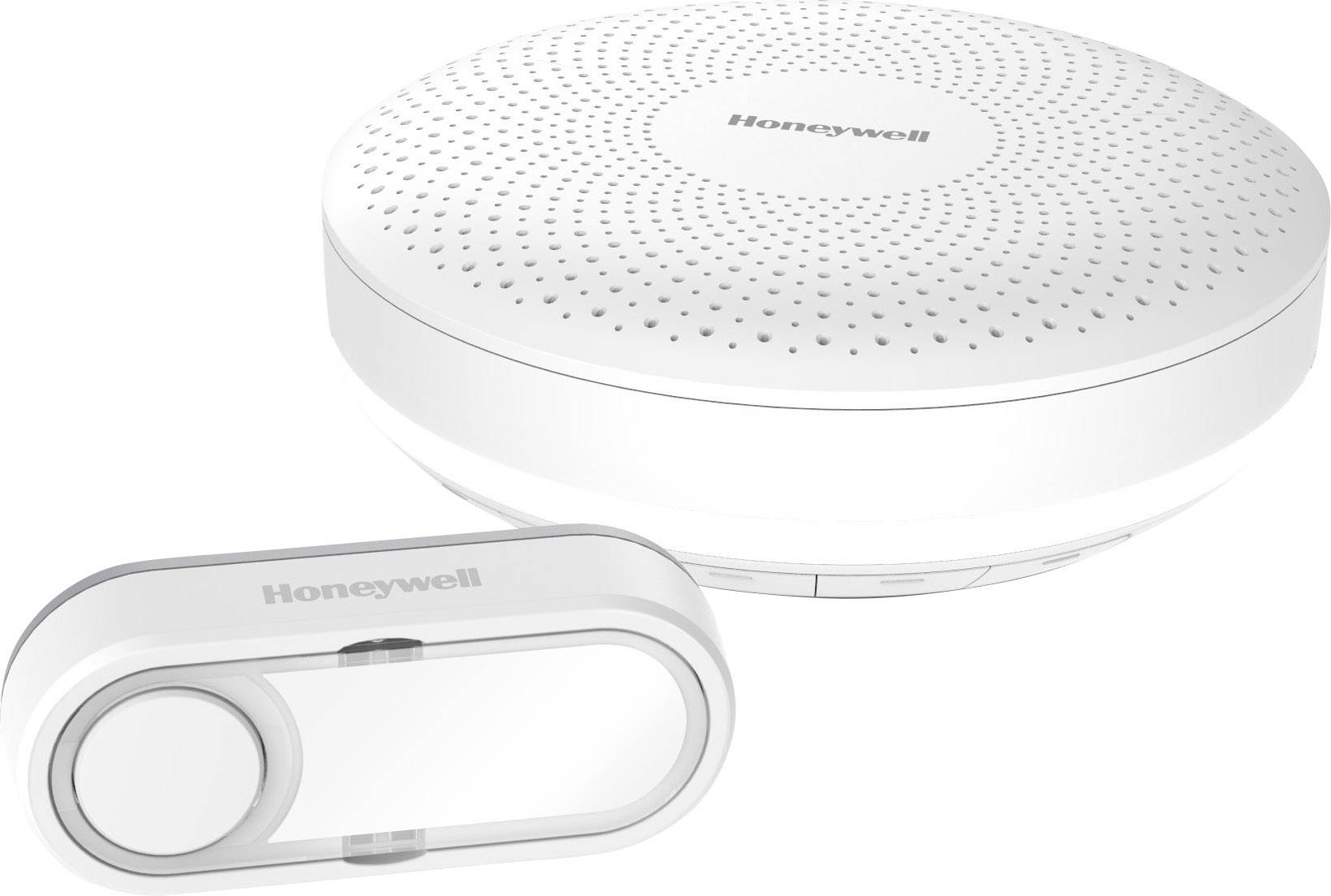 Un détecteur de fumée blanc et rond de Honeywell et son bouton-poussoir assorti, disposés côte à côte sur un fond blanc.