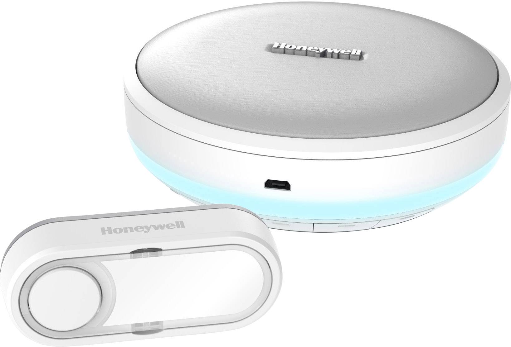Une station de sonnette ronde en argent avec un anneau lumineux à LED et un bouton de sonnette assorti, tous deux portant le logo 'Honeywell'.