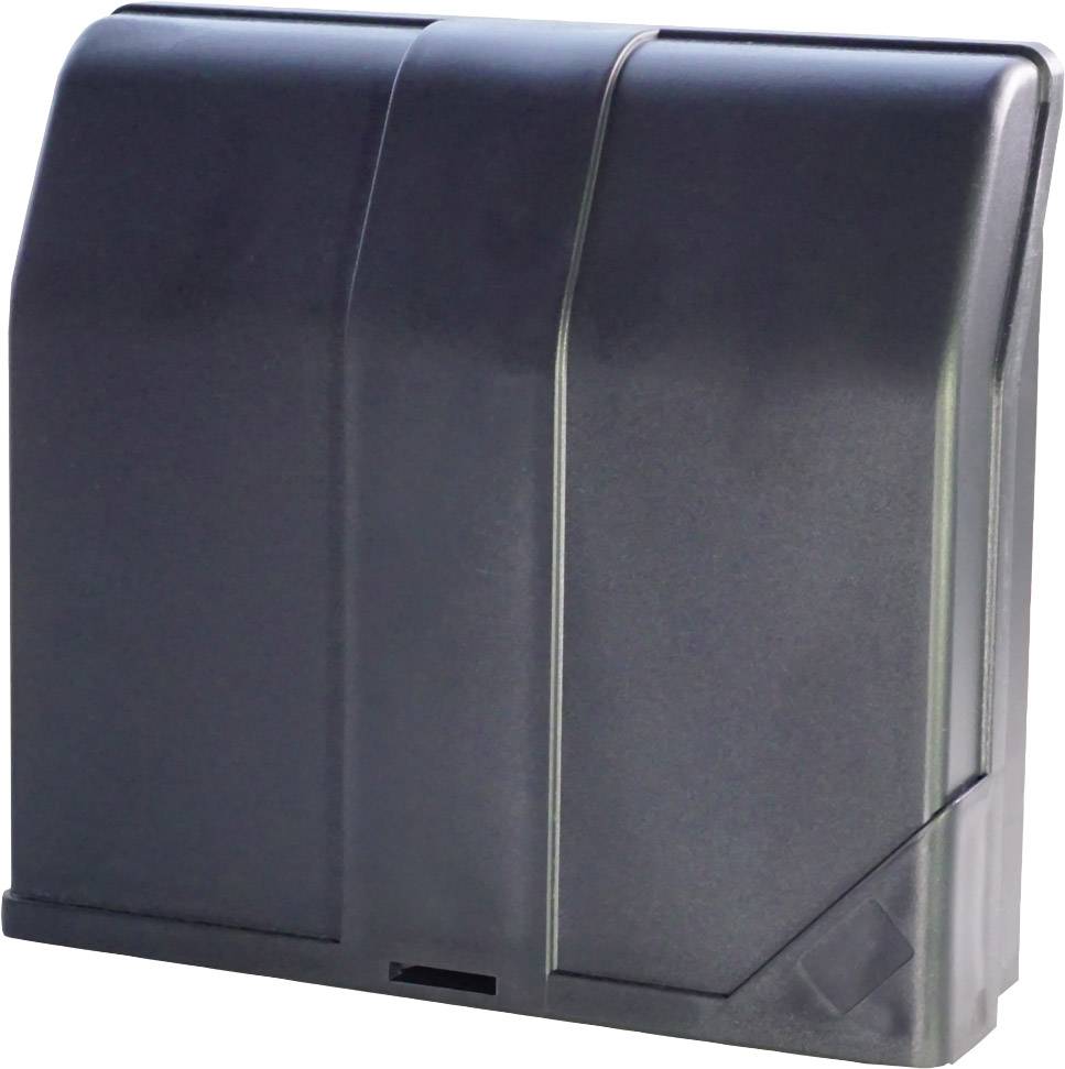 Un boîtier en plastique noir, rectangulaire, à surface lisse et doté de rainures verticales sur la face avant.