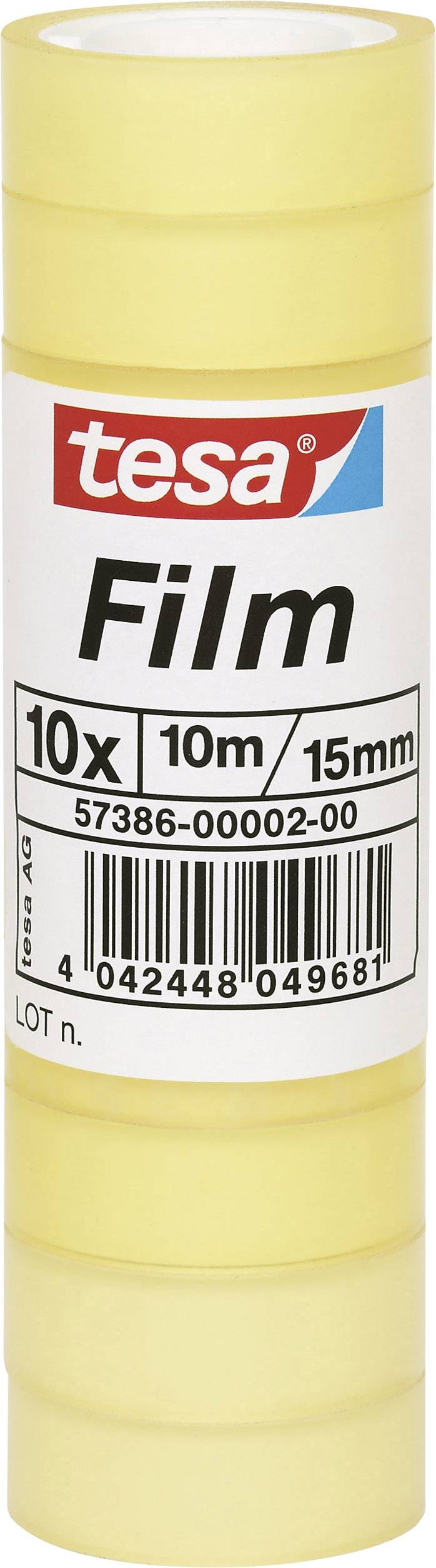 Film adhésif jaune avec l'inscription 'tesa Film', 10 rouleaux de 10 m chacun, largeur de 15 mm. Contient un code-barres et des informations de fabrication.