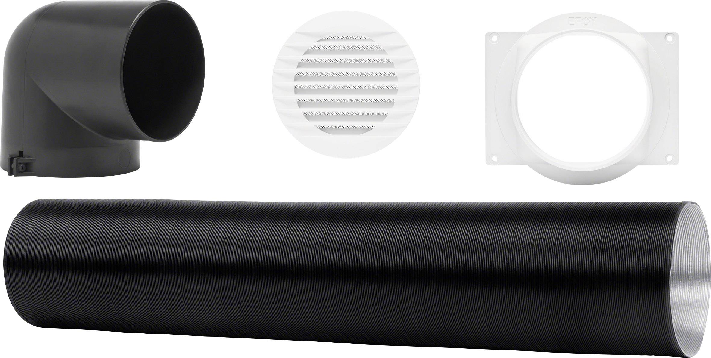Conduit de ventilation noir avec coude et fixations blanches. Adapté aux systèmes de ventilation intérieurs.