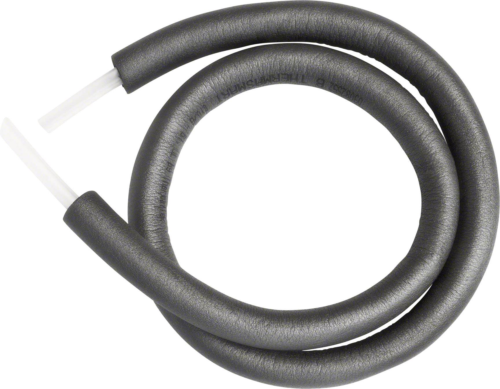 Un tuyau isolant noir est formé en spirale, laissant partiellement apparaître le tuyau blanc qu'il contient.