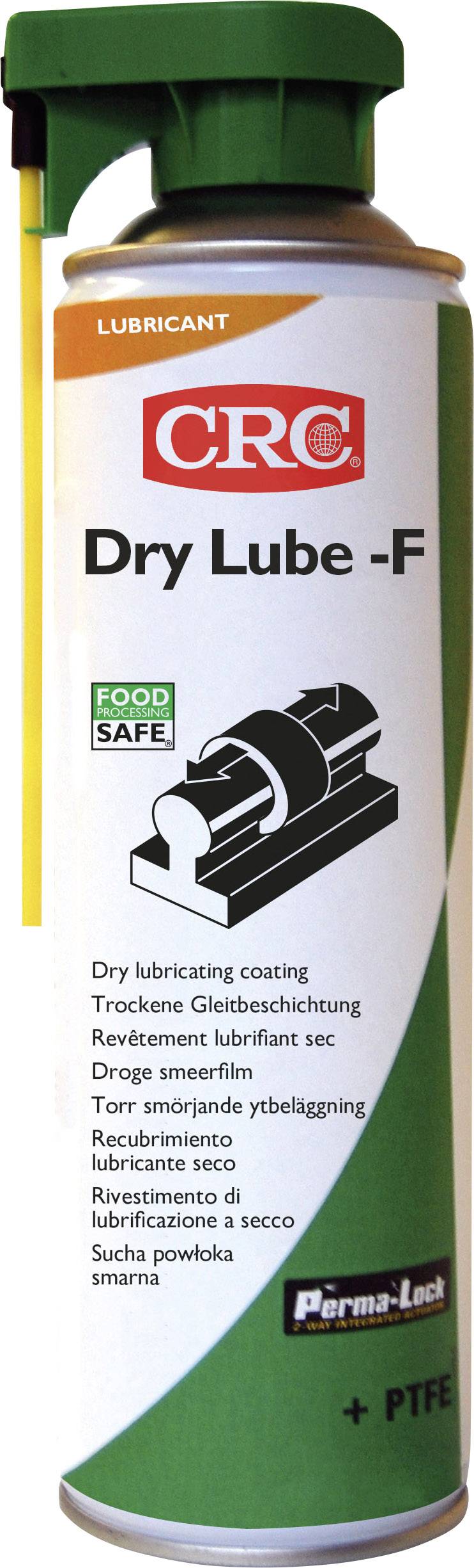 Une bombe aérosol portant l'inscription 'CRC Dry Lube-F', adaptée à la lubrification sèche et conforme aux normes alimentaires, contient du PTFE.