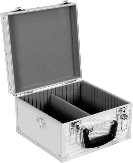 Une valise argentée ouverte avec compartiments intérieurs et poignée noire, posée sur une surface claire.