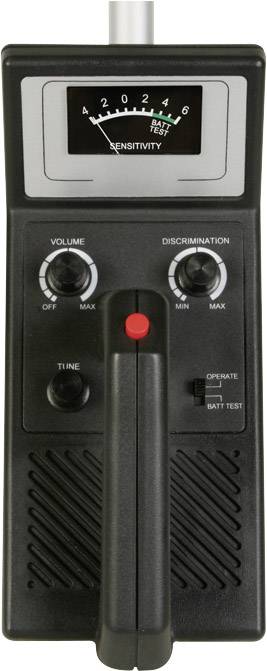 Dispositif portable avec des commandes pour le 'Volume', la 'Discrimination' et la 'Sensibilité', ainsi qu'un affichage. Probablement un détecteur de métaux.