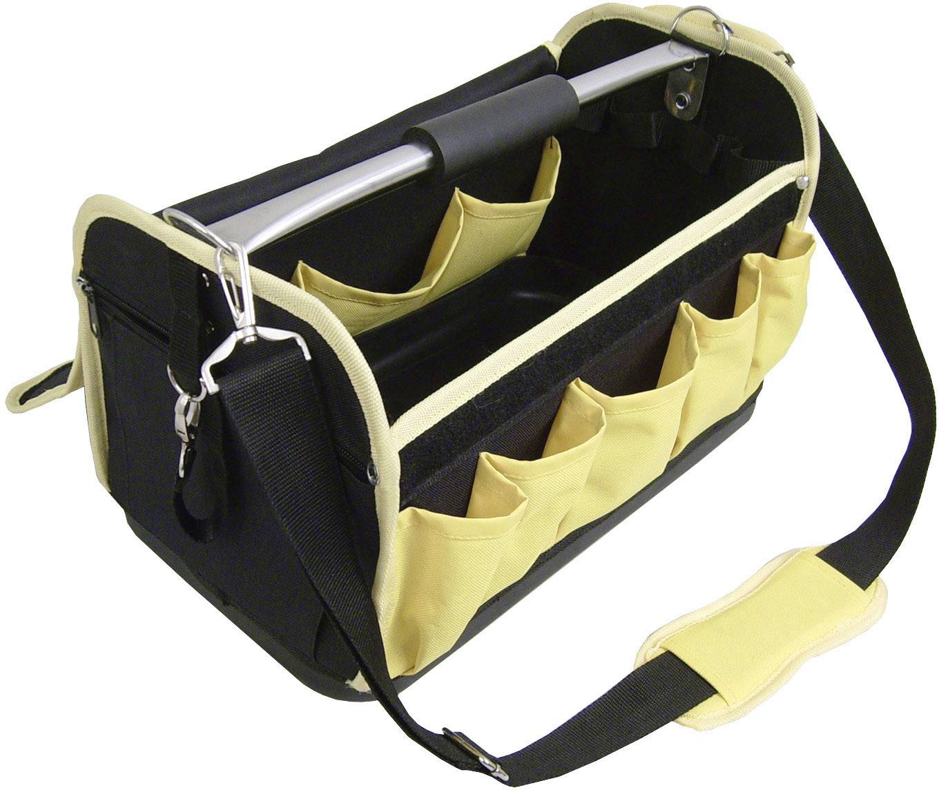 Sac à outils noir et jaune avec plusieurs poches extérieures et une bandoulière, adapté au transport d'outils.