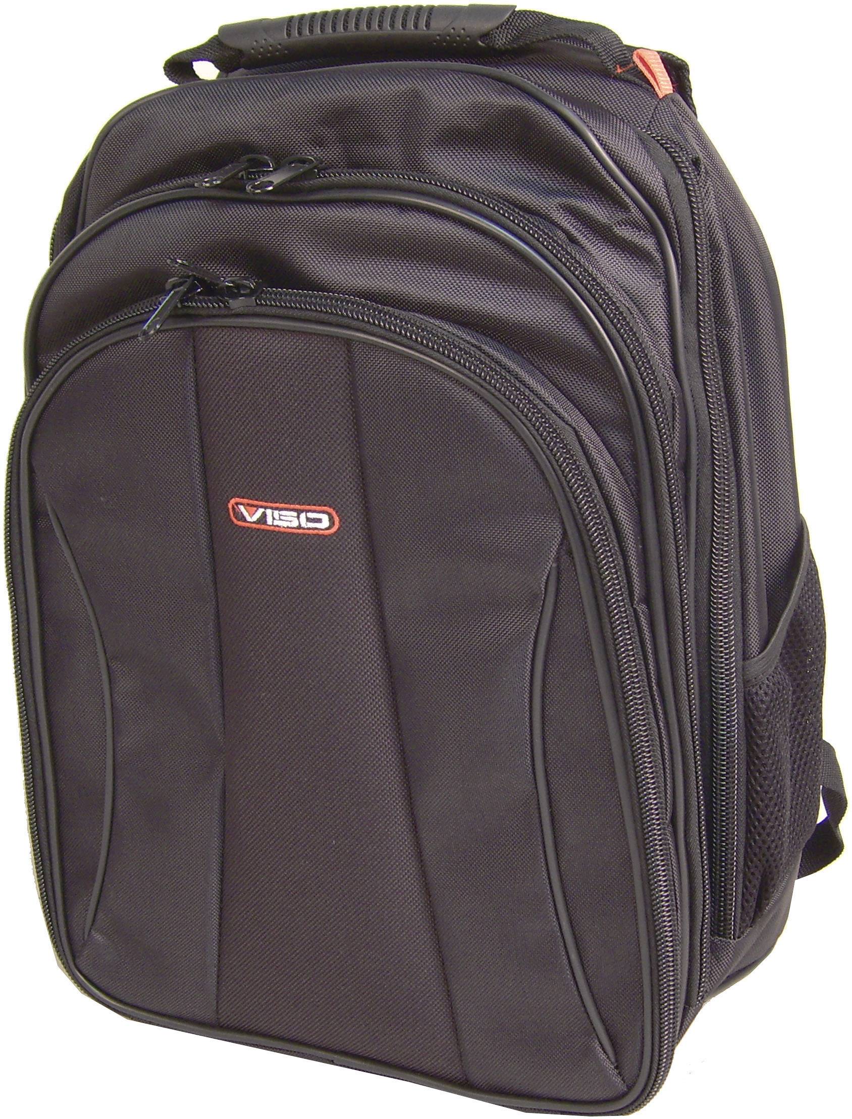 Un sac à dos noir avec plusieurs compartiments et fermetures éclair. Un logo rouge est apposé sur la face avant.