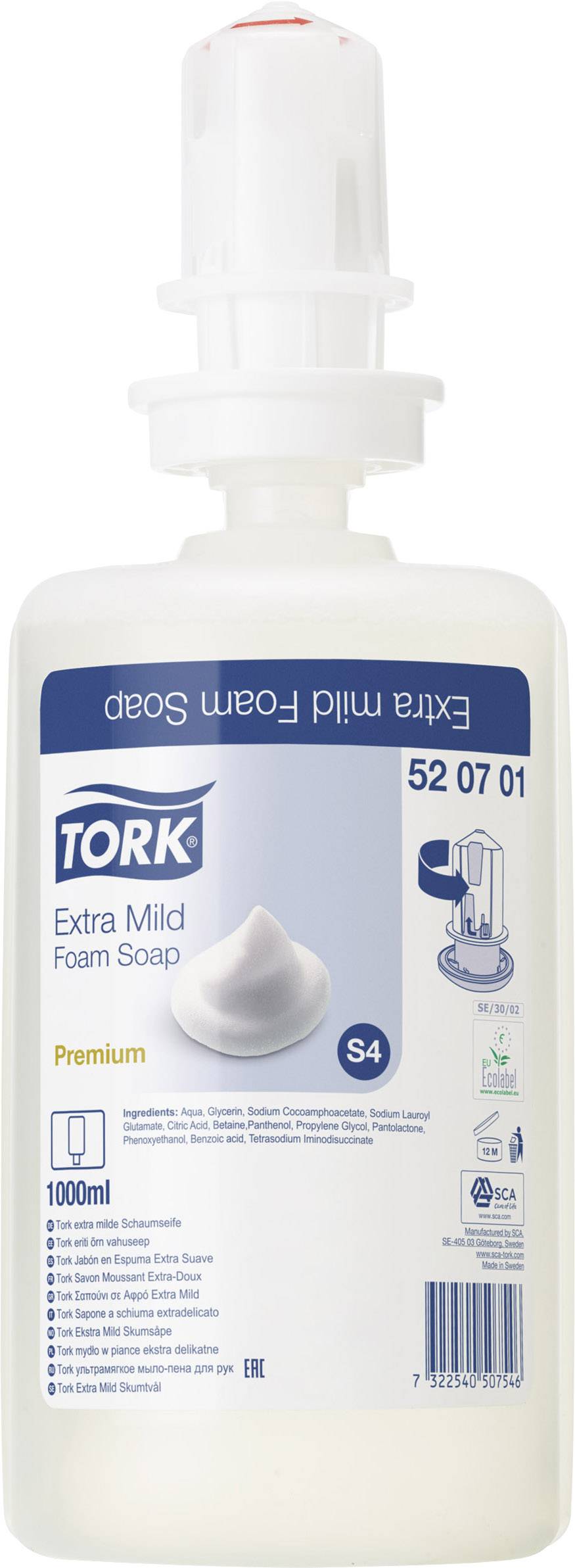 Distributeur de savon mousse Tork Extra Mild Foam Soap, 1000 ml. Mousse blanche illustrée. Compatible avec les systèmes S4, qualité premium.