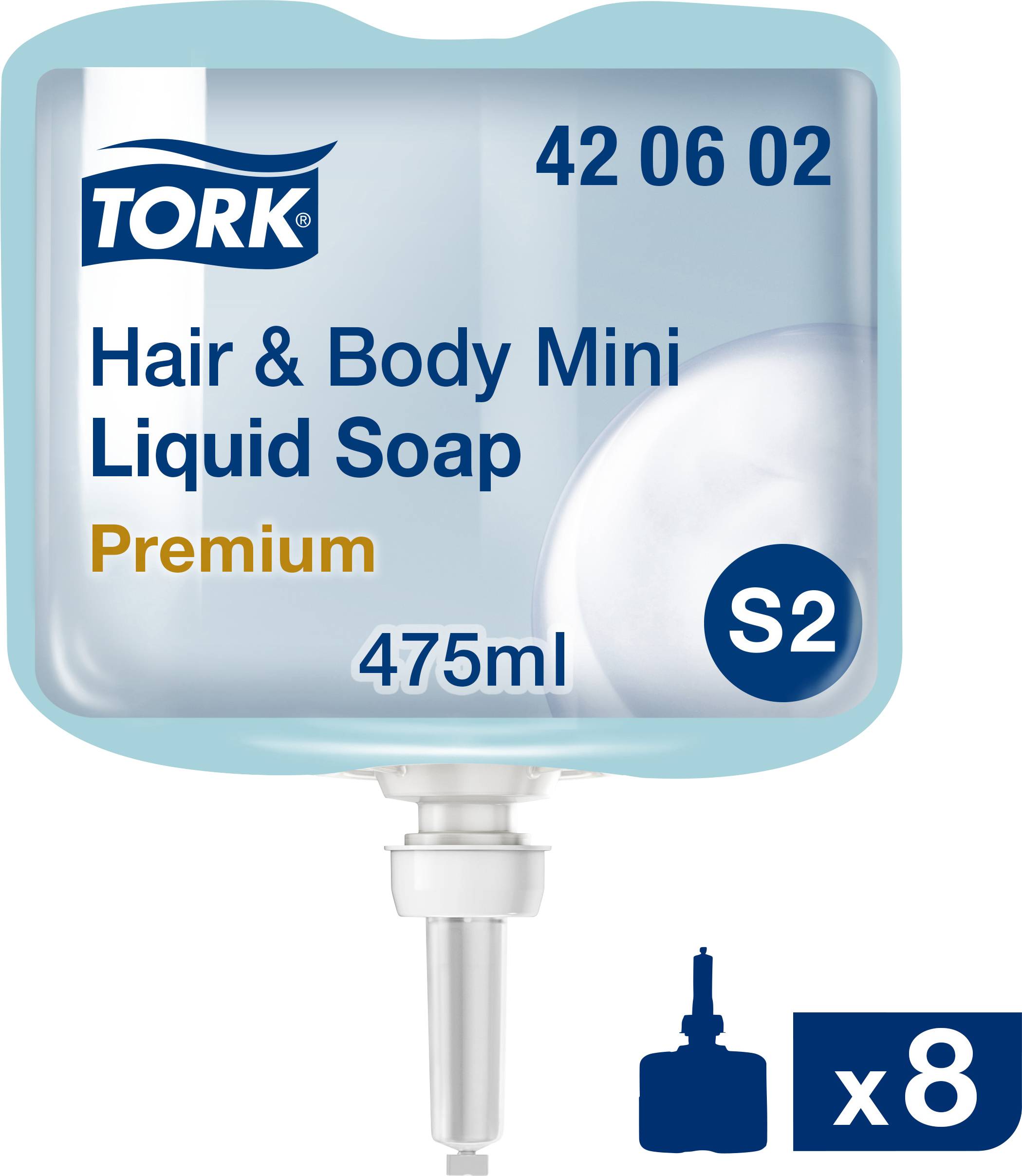 'Tork Savon Liquide pour Corps et Cheveux Premium', recharge de 475 ml, avec étiquette de produit à bordure bleue et pompe, lot de 8 recharges.