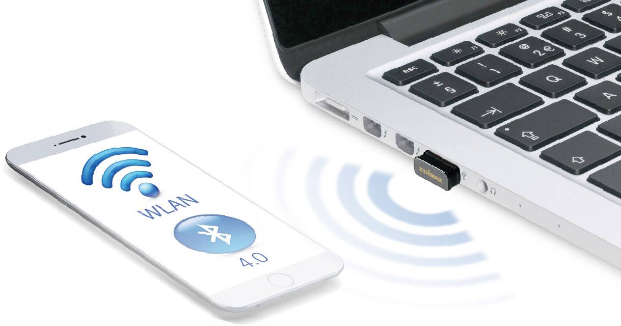 Smartphone avec symboles Wi-Fi et Bluetooth à côté d'un ordinateur portable équipé d'un dongle USB. Illustration de connexion entre les appareils.