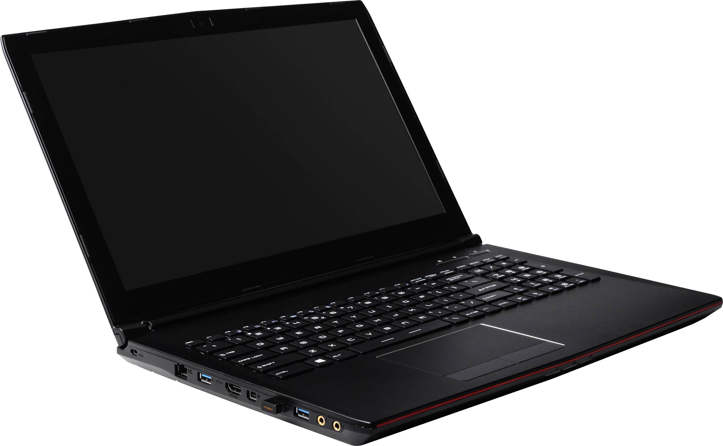 Un ordinateur portable noir avec un écran ouvert, un clavier rétroéclairé et plusieurs ports sur le côté gauche.
