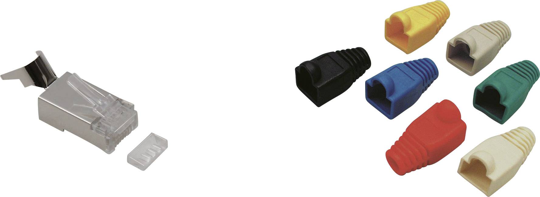 Boîtier métallique de connecteur RJ45 à gauche, six capuchons en plastique colorés à droite. Utilisés pour protéger et connecter des câbles réseau.