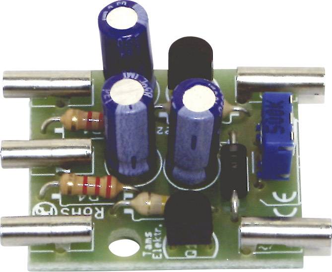 Petite carte électronique verte avec des condensateurs bleus et noirs, des composants argentés et un potentiomètre bleu.