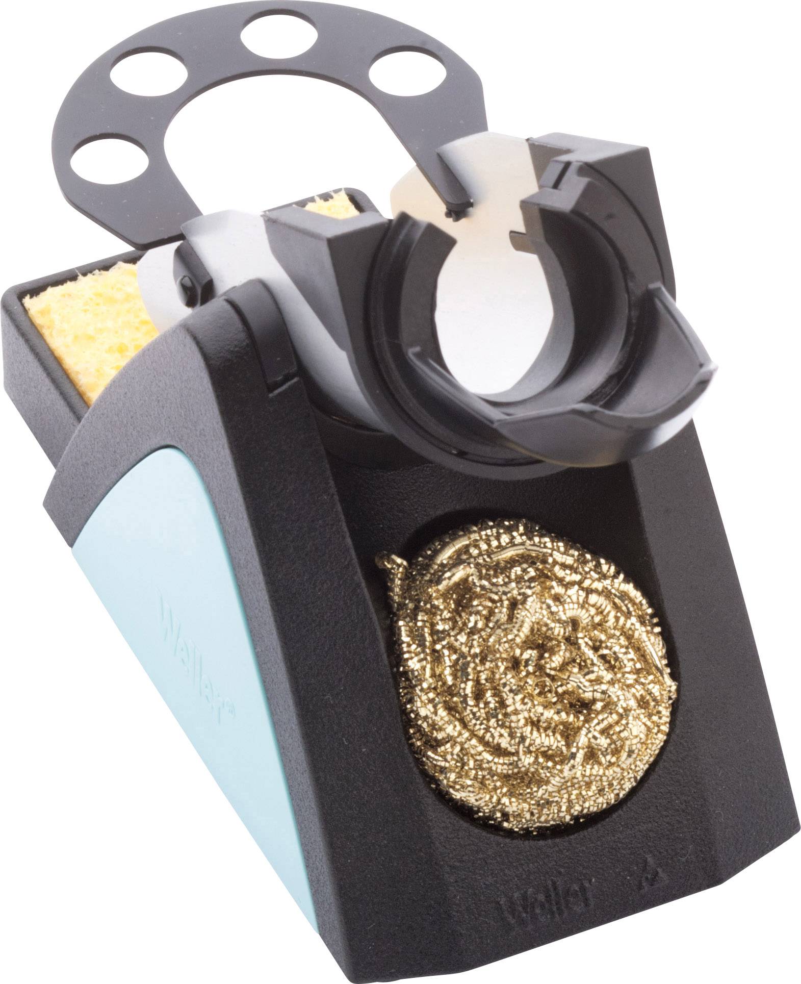 Support de fer à souder avec éponge de nettoyage et spirale métallique, pour le rangement sécurisé des outils de soudure et l'entretien des pointes de fer.