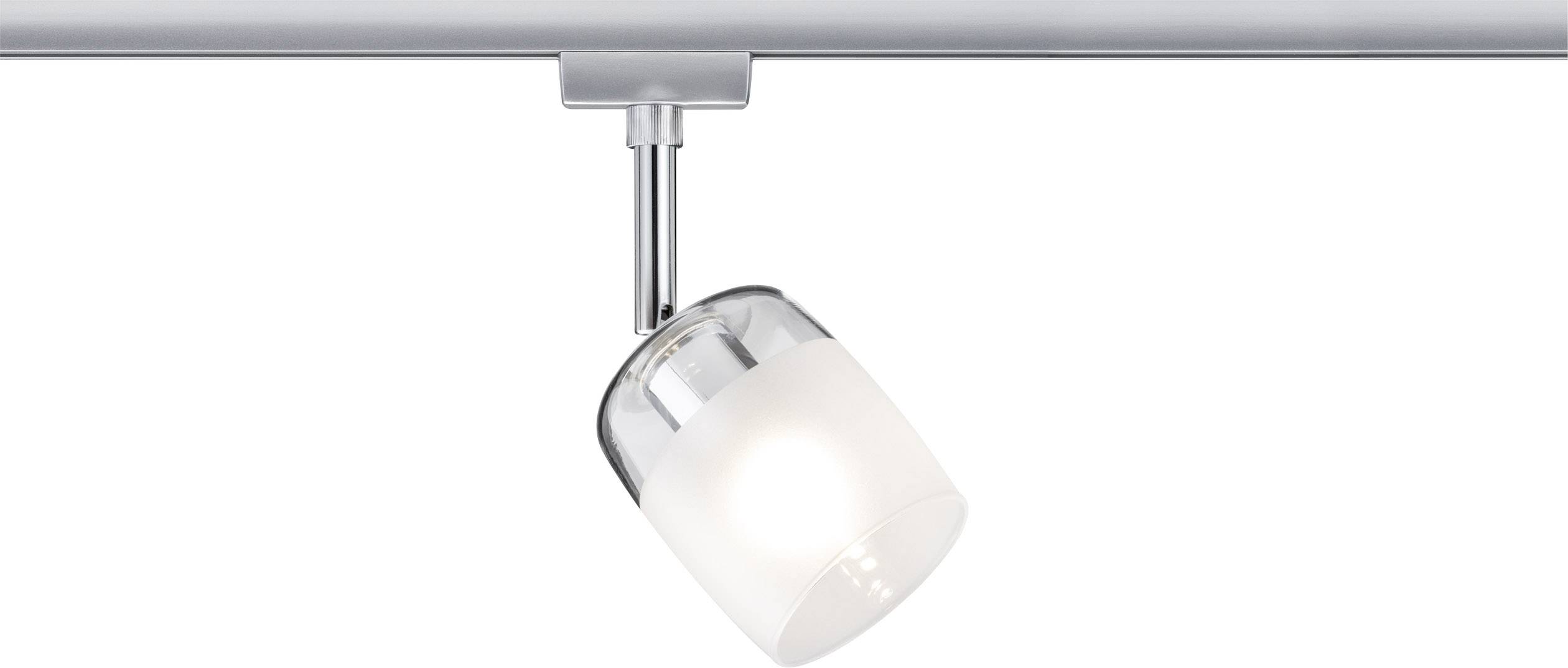 Plafonnier avec base chromée et verre mat. Support rectangulaire fixé sur rail. Style épuré et minimaliste.
