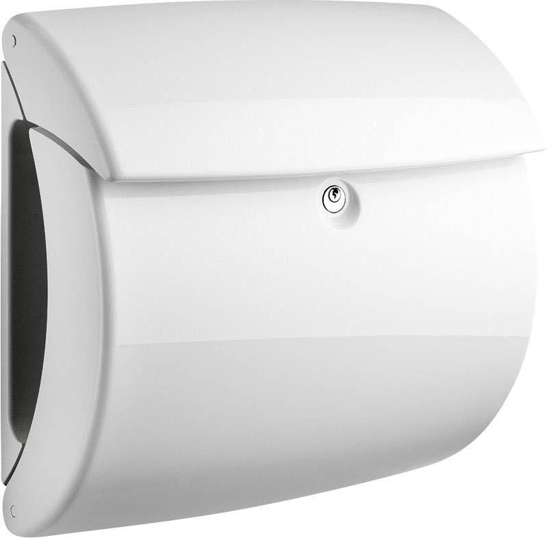 Boîte aux lettres blanche, moderne, aux bords arrondis et munie d'un verrou au centre.