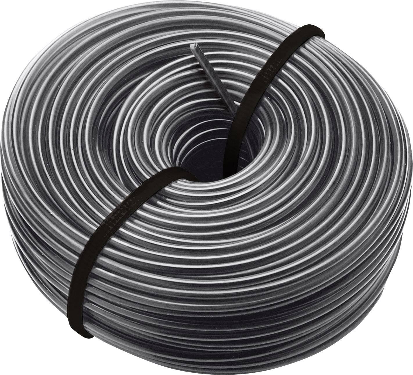 Une grande bobine de fil d'argent, soigneusement enroulée et maintenue par deux rubans noirs, repose sur une surface blanche.