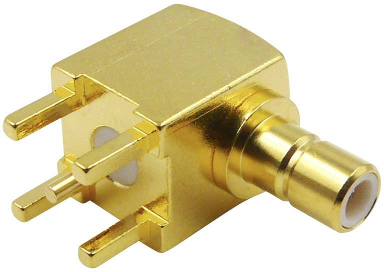 Connecteur SMA doré, à angle droit, avec trois broches arrière et un raccordement avant. Adapté aux applications haute fréquence.