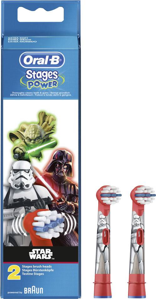 Deux têtes de brosse de rechange pour brosses à dents électriques Oral-B avec des motifs Star Wars, comprenant des images de personnages et leur emballage.