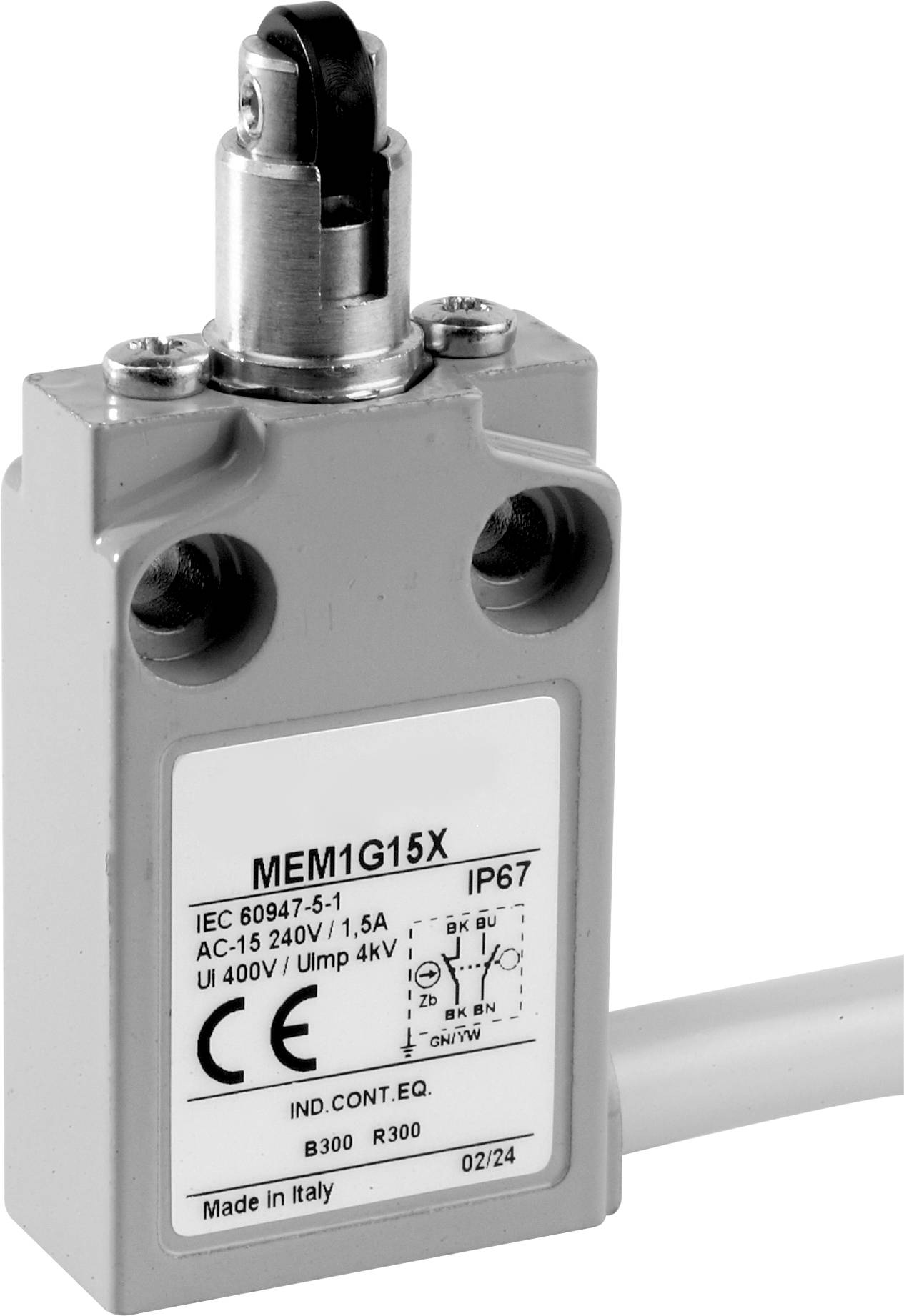 Un contacteur de fin de course industriel de modèle 'MEM1G15X', conçu pour 240V/1,5A, avec indice de protection IP67.