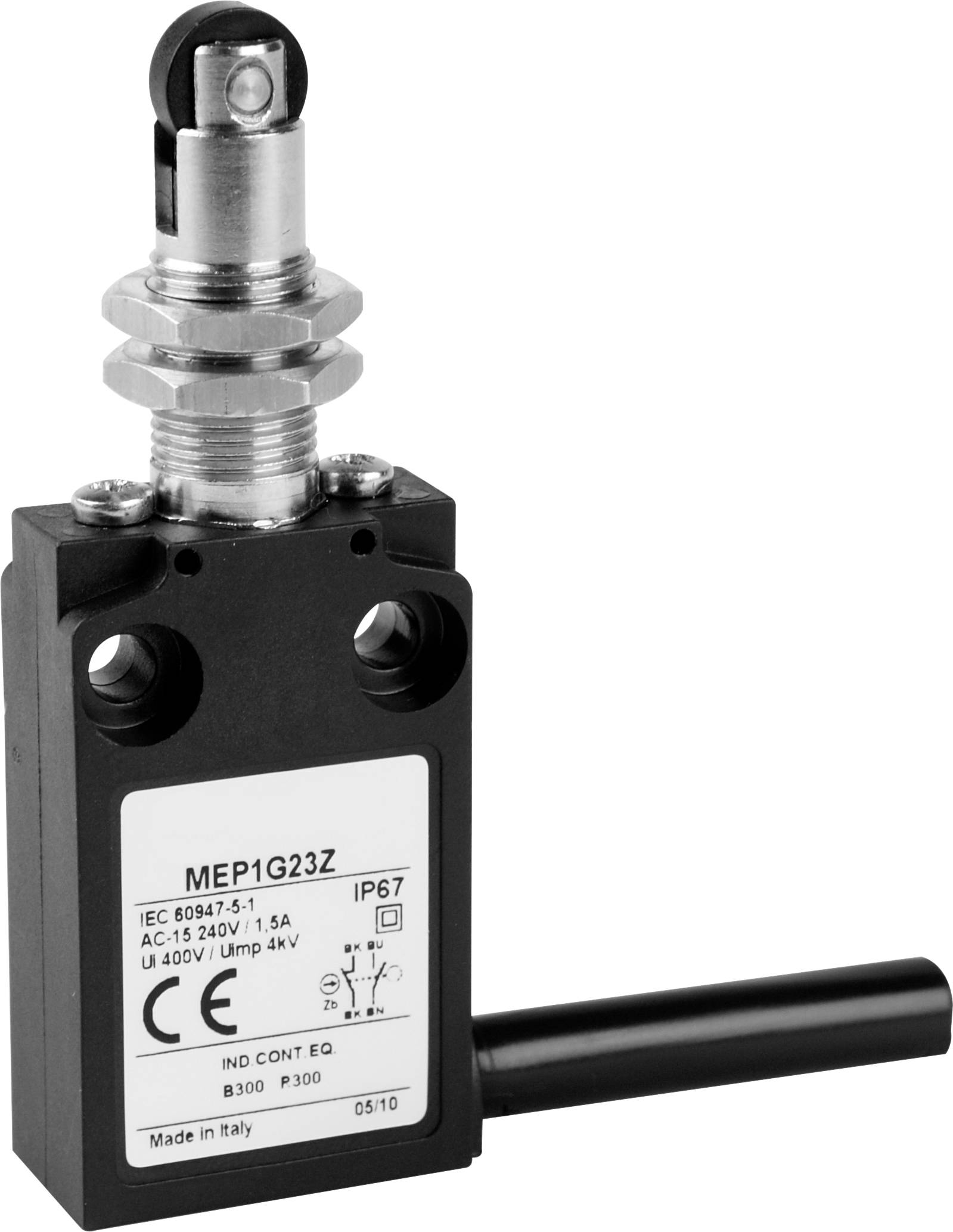 Un interrupteur de fin de course noir MEP1G23Z avec levier métallique et marquage : « IEC 60947-5-1, AC-15, 240V, 1,5A » et autres spécifications techniques.