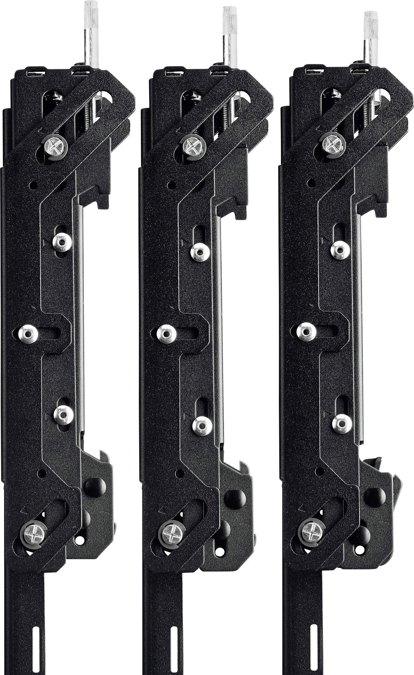 Trois supports de rails HD noirs, alignés verticalement, présentent un design symétrique avec plusieurs vis et points de montage.