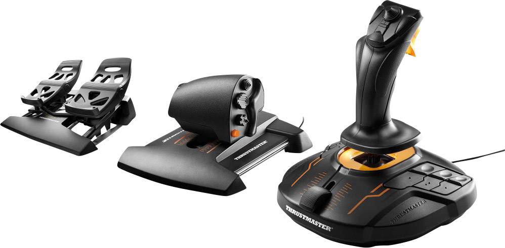 Un ensemble de joystick de simulation de vol avec pédales, manette des gaz et manche à balai, adapté pour des simulations de vol et spatiales réalistes.