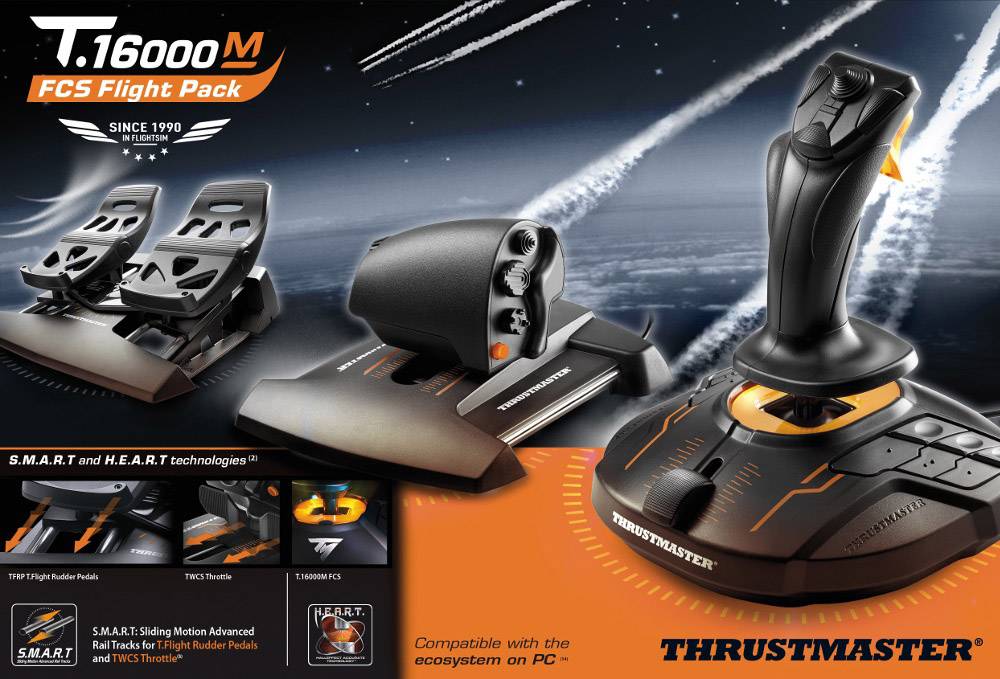 Publicité pour le pack de vol Thrustmaster T.16000M FCS présentant un joystick, un levier de gaz et des pédales de gouvernail. Compatible avec PC.